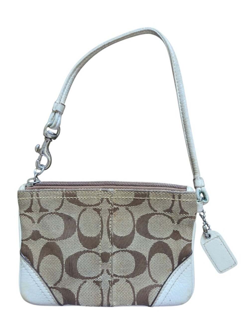 VTG Y2K Coach Monogram Signature Canvas Mini Wristlet White Leather Zip Pouch